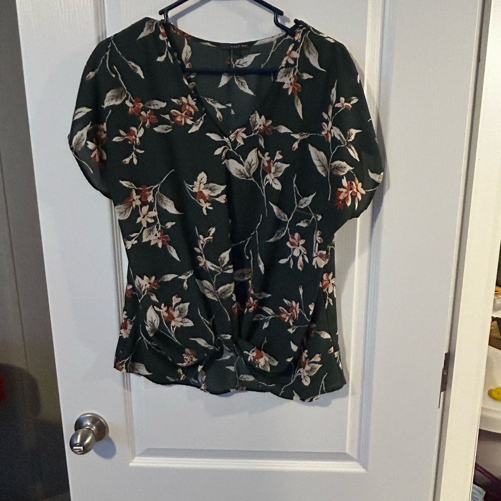 Dark Green Short Sleeve Blouse with Ruffled Wrap Style